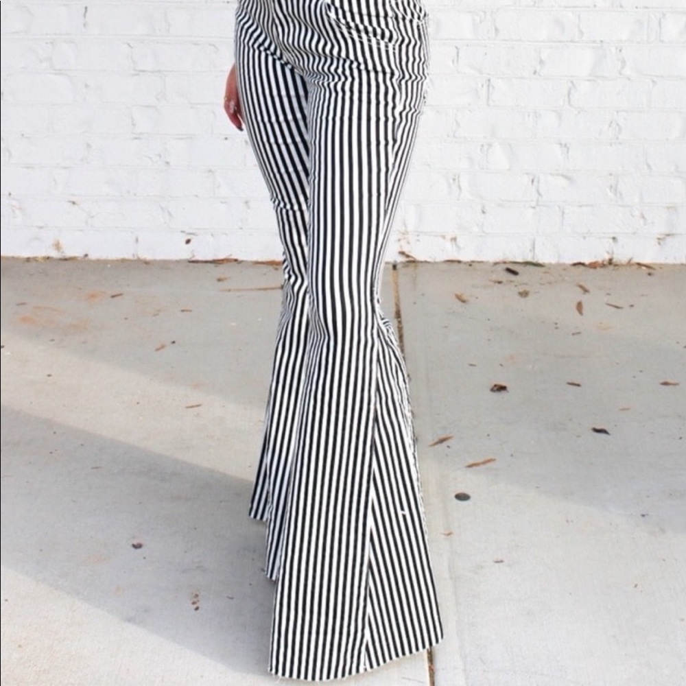 Black and white stripe wide flare pants size large